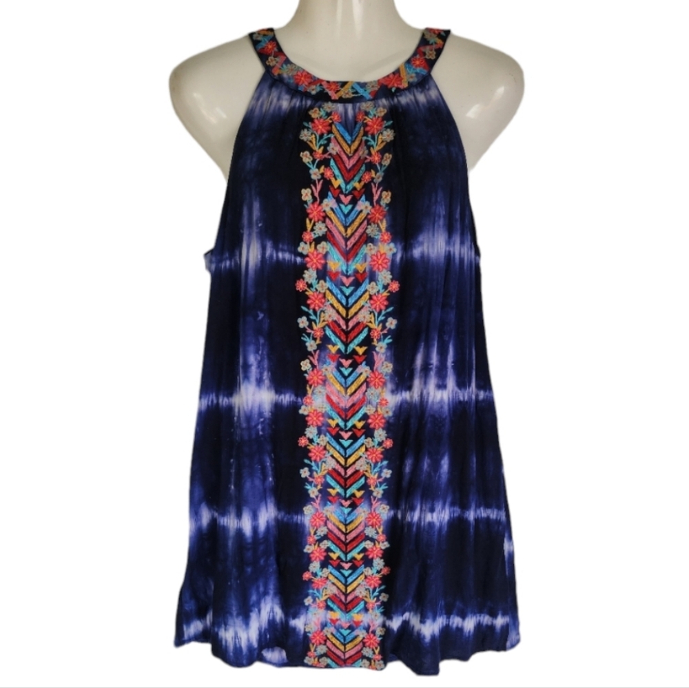 Savanna Jane Halter Style Dress Floral Embroidered Detail Tye Dye Navy Blue